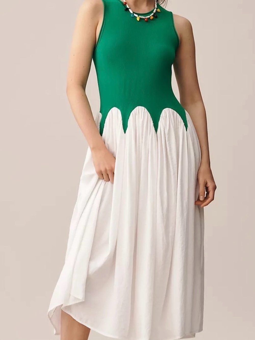 Siempre Green and White Sleeveless Midi Dress